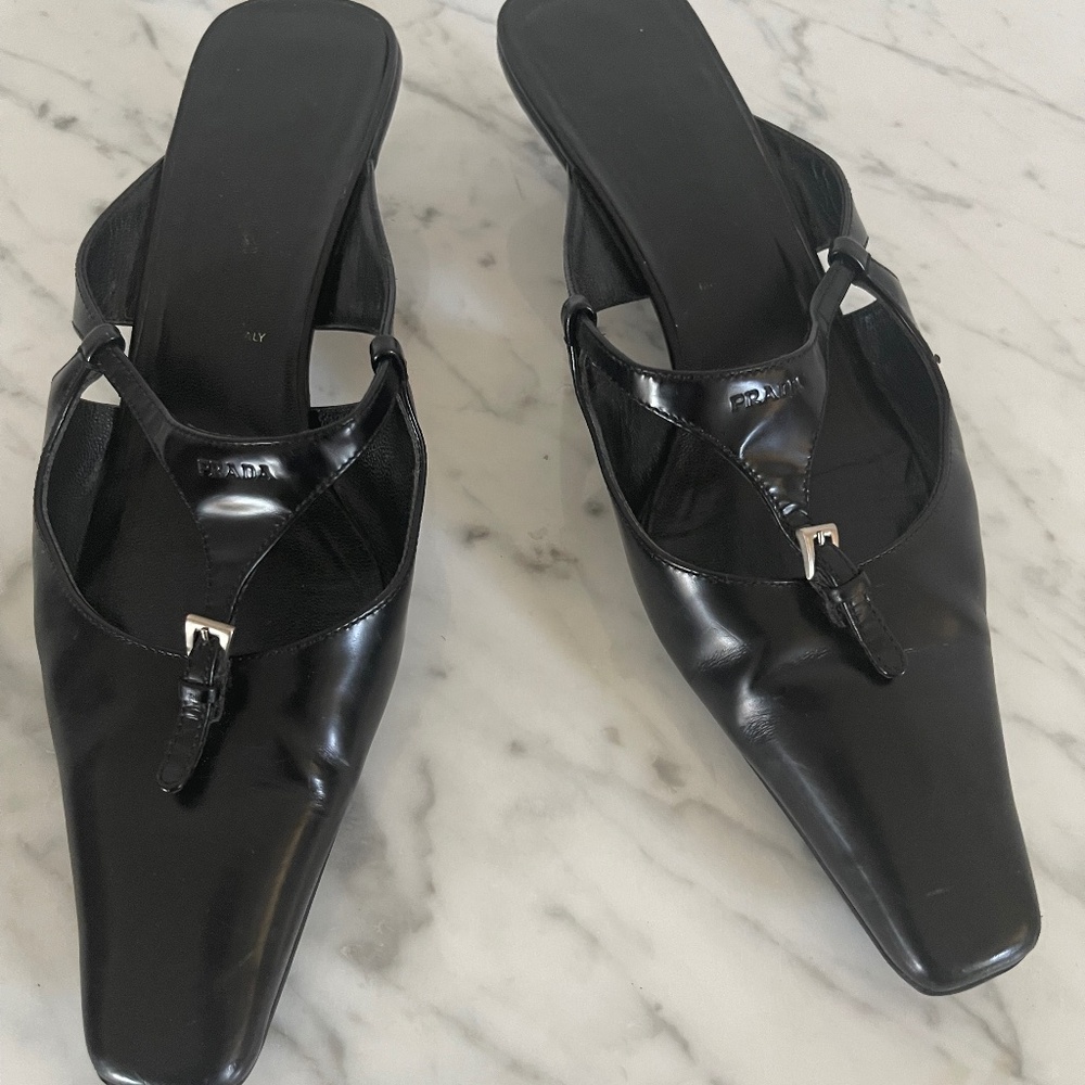 Prada Black Leather Square-Toe Slip-On Mule Kitten Heel